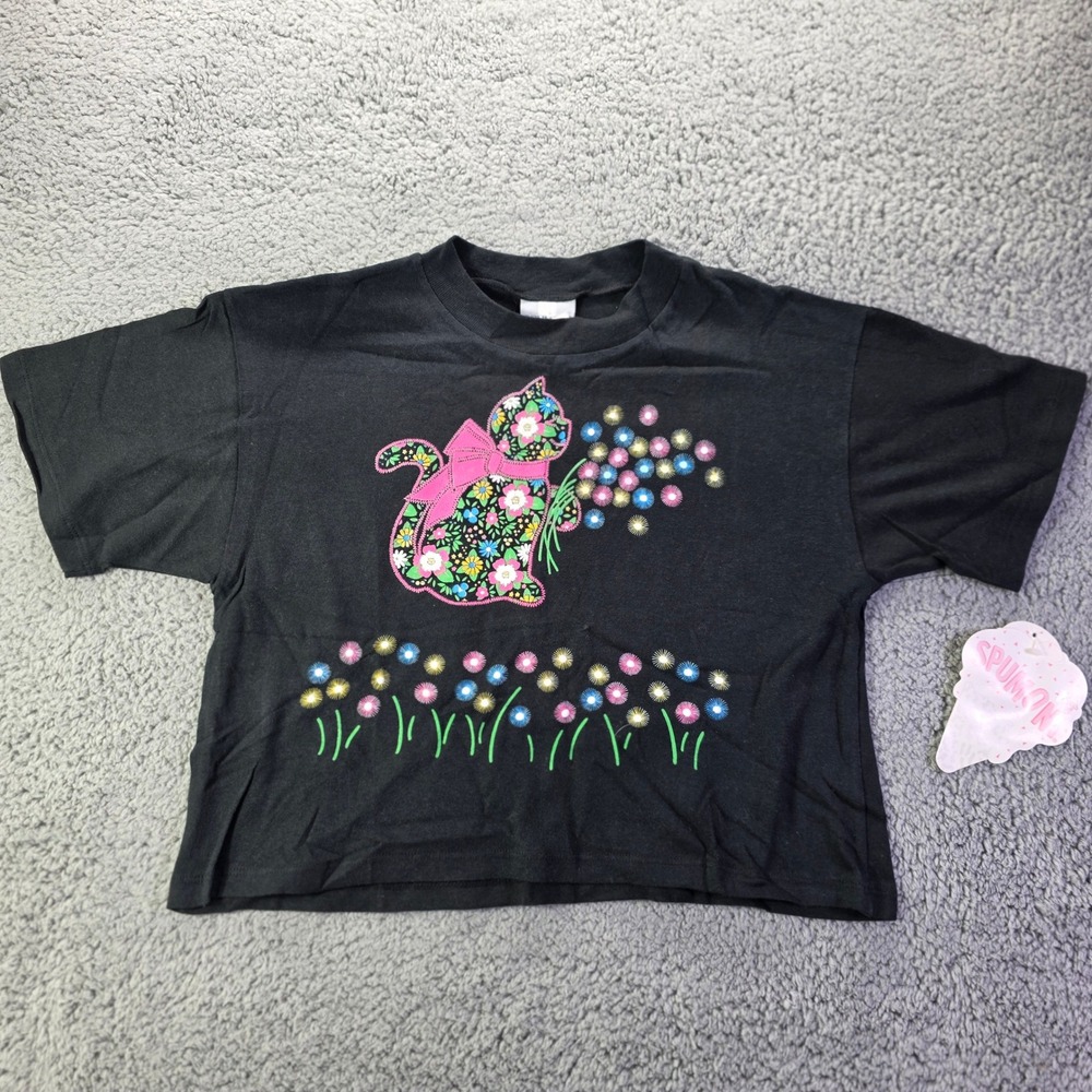 Vintage Spumoni by Rose Cage Floral Cat T-Shirt Black Girls Large 14 NWT 80s 90s